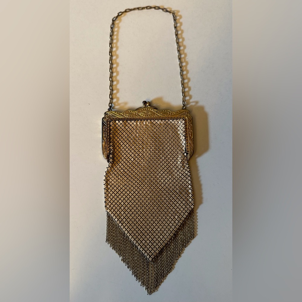 Vintage Flapper Gold Enameled Mesh Purse with Fringe